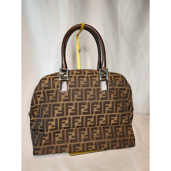 Fendi Zucca Canvas Dome Satchel Handbag Brown Leather Trim FF Silver Hardware - Picture 2 of 16